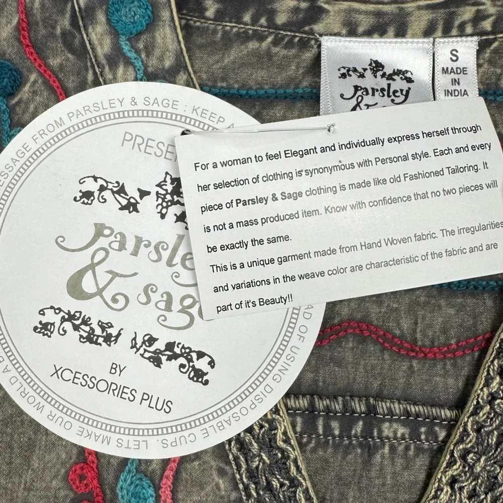 NEW Parsley & Sage Embroidered Boho Top‎ Women S Stone Gray Artisan 3/4 Sleeve